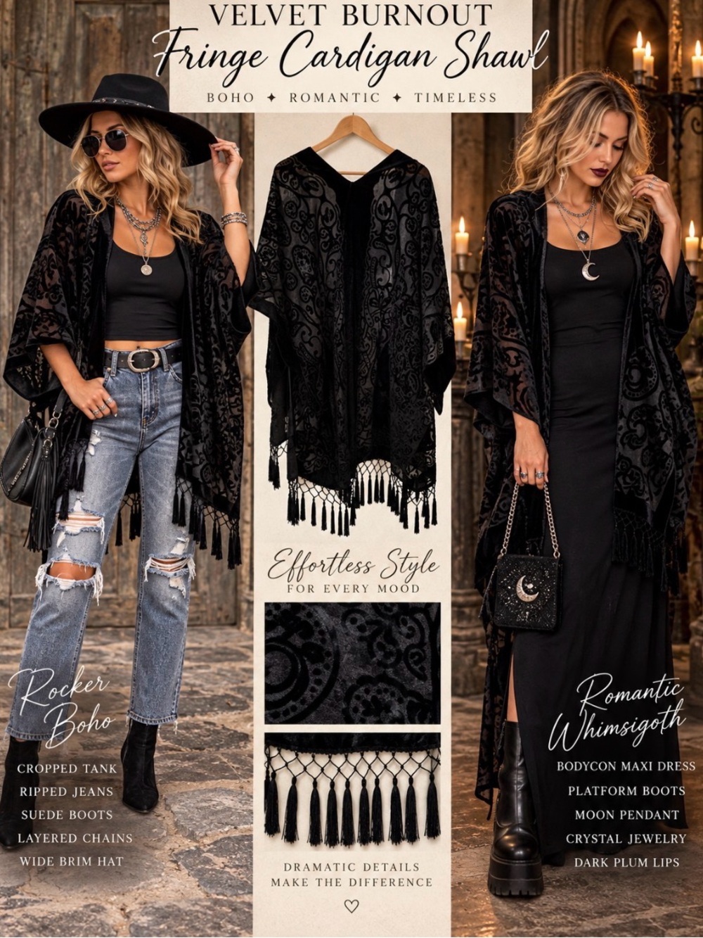 Vintage Gothic Black Velvet Burnout Fringe Kimono Cardigan Shawl Wrap OS